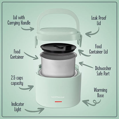 Nostalgia Portable 20-Ounce Electric Heated Lunch Box – Travel Size 2.5 Cup Capacity for Soup, Chili, and Leftovers – Leak Proof Silicone Sealed Lid, Foldable Carry Handle, Detachable Cord – Sage