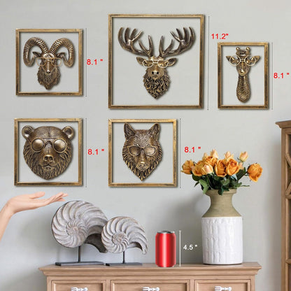 JJALIGHTS Animal Heads Wall Decor (Includes Metal Frame) Resin Animals Sculptures Head Wall Hanging Decoration Imitation Copper vintage Wall Sculpture for Living Room Bedroom Office (Wolf)