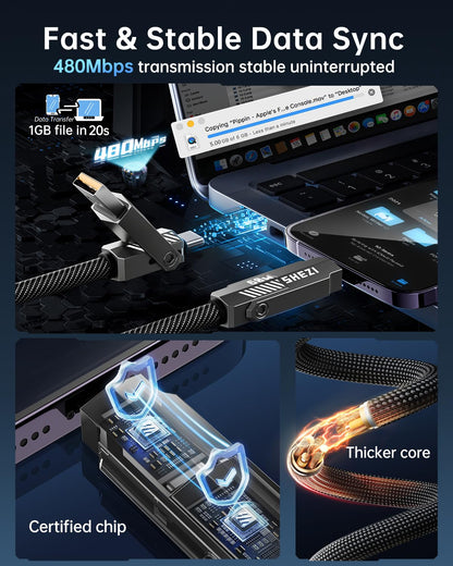 SHEZI Nylon Braided 4 in 1 USB C Cable 60W 5FT Compatible with Lightning Cable, Fast Charging for iPhone/iPad Charger Cord [480Mbps Data Sync],Multi Charging Cable with Type C/USB A, Grey