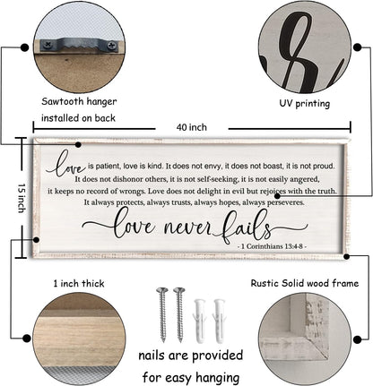 flowtorely Love is Patient, Kind Wall Art Decor 40"X15" Love Never Fails Sign 1 Corinthians 13 Bedroom Above Bed Large Bible Verse Quote Scripture Christianity Hanging Sign (White)