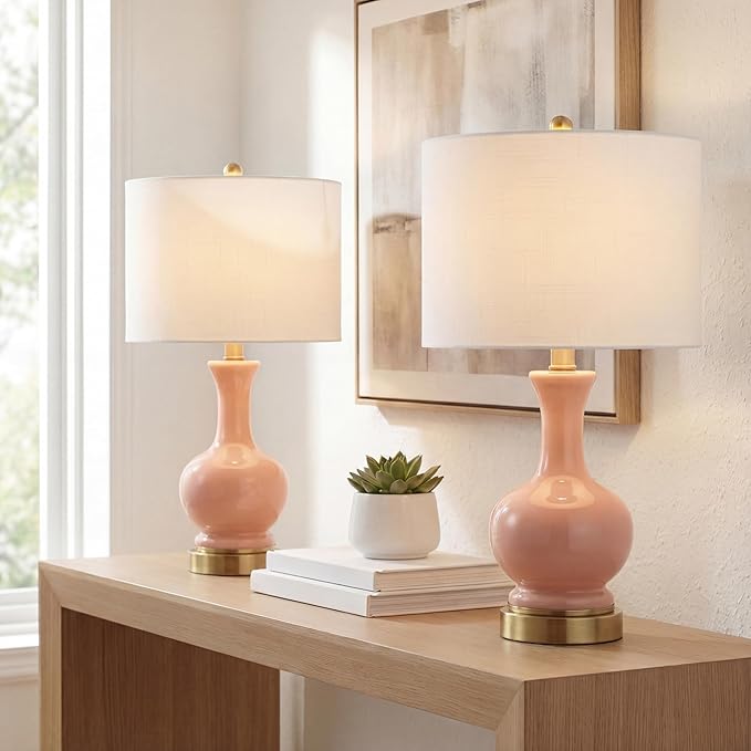 JONATHAN Y 22" Light Coral/Brass Gold Modern Glass Table Lamp Set of 2, Brass Gold Bedside Lamp with White Linen Shade for Bedroom Living Room, LED Bulbs Included (JYL4033D-SET2)