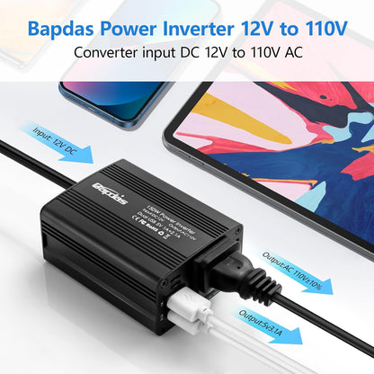 150W Car Power Inverter DC 12V to 110V AC Car Adapter for Plug Outlet with 3.1A Dual USB Car Charger for Laptop Computer-Black