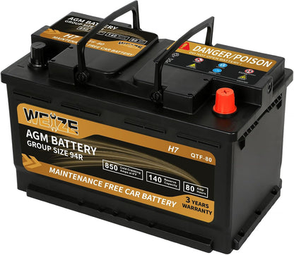 Weize Platinum AGM Battery BCI Group 94R - 12v 80ah H7 Size 94R Automotive Battery, 140RC, 850CCA, 36 Months Warranty, Dimensions 12.4" L x 6.89" W x 7.48" H