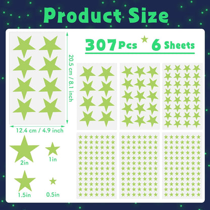 Glow in The Dark Stars Wall Stickers - 6 Sheets 307 Pcs Glowing Wall Decals Ceiling Stickers, Stick on Stars Glow in The Dark for Baby Kids Bedroom Wall Decor