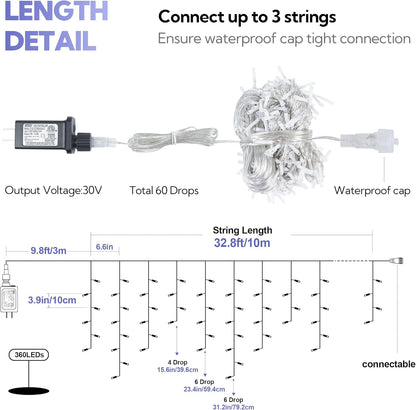 Hopolon 33FT 360L LED Christmas Icicle Lights Outdoor Waterproof,8 Modes Plug in Curtain String Lights with 60 Drops,Christmas Lights for Wedding,Party,Bedroom,Home,Garden,Wall Decorations(White)