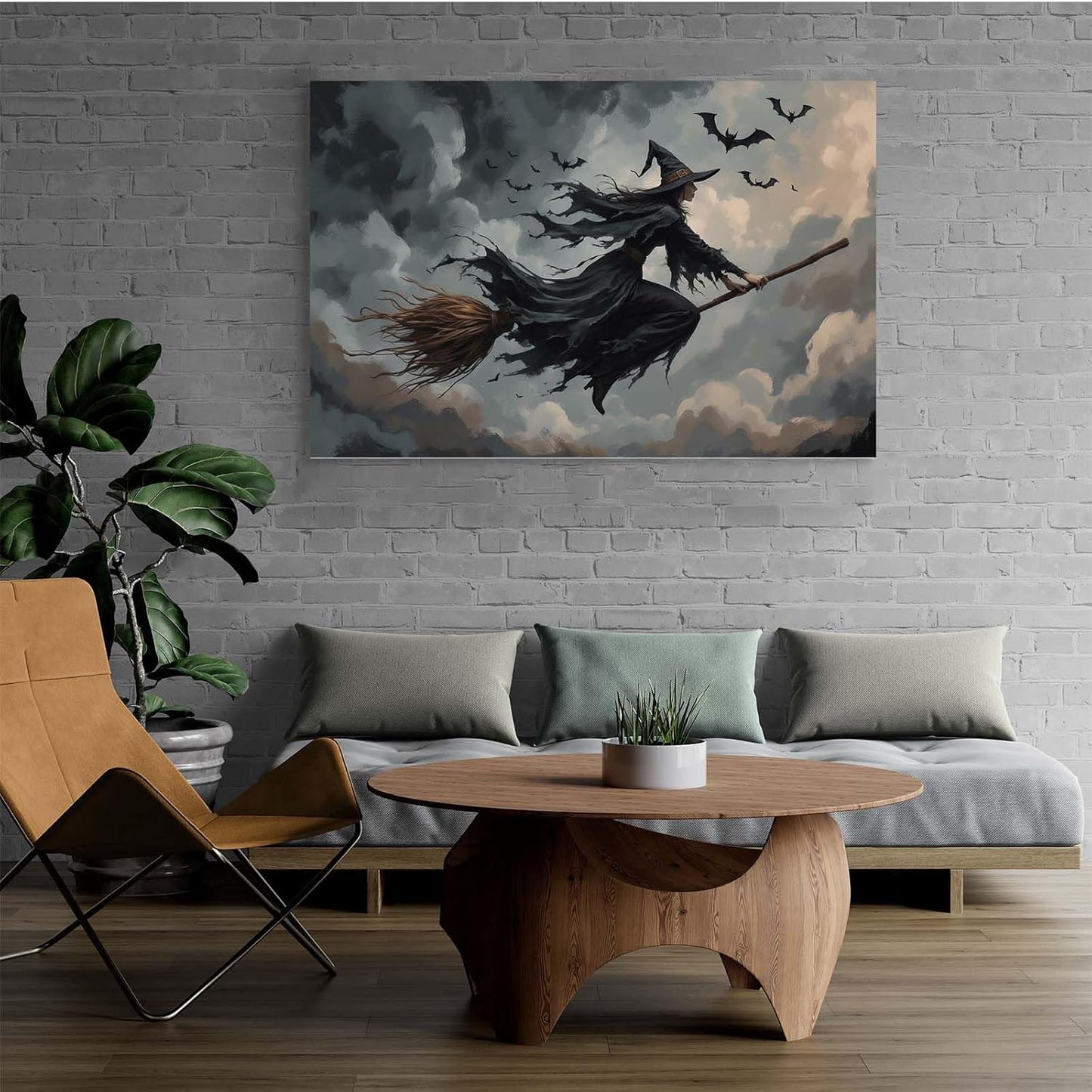 JFHCQJPK Witch and bat flying Halloween poster suitable for home party wall decoration retro Halloween preppy style wall art canvas print suitable for room decoration12x16in Frameless