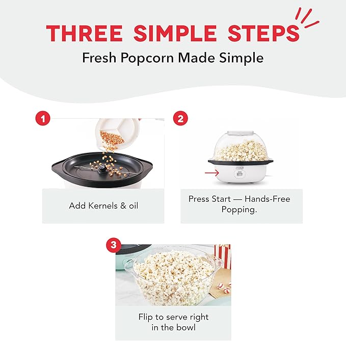 Dash SmartStore® Stirring Popcorn Maker - Electric Popcorn Machine with Butter-Melting Tray & Clear Serving Bowl - Features Stirring Bar - 24 Cups, White