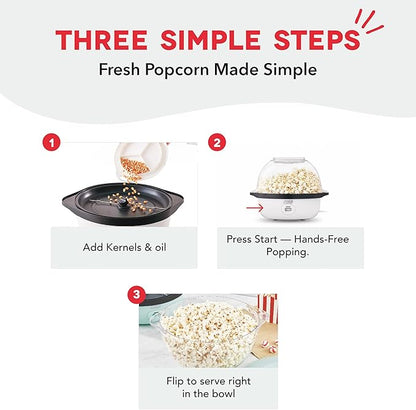 Dash SmartStore® Stirring Popcorn Maker - Electric Popcorn Machine with Butter-Melting Tray & Clear Serving Bowl - Features Stirring Bar - 24 Cups, White