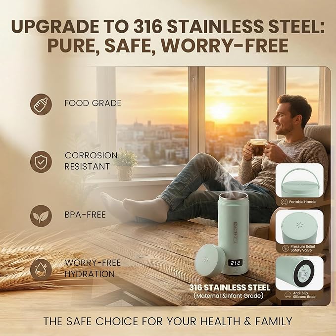 Portable Electric Kettle forTravel, Small Hot Water Kettle with NTC Temperature Control and Auto Shut-Off, 316 Stainless Steel, Green 110V & 15oz