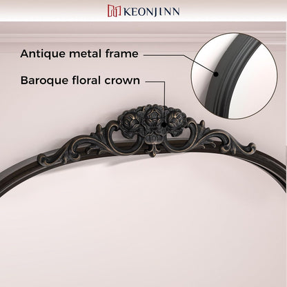 Keonjinn Black Vintage Arched Mirror for Wall, 16" x 24" Antique Mirrors with Metal Frame, Baroque Style Decoration for Mantle, Bathroom, Living Room, Fireplace, Bedroom, French Cleat Mounting