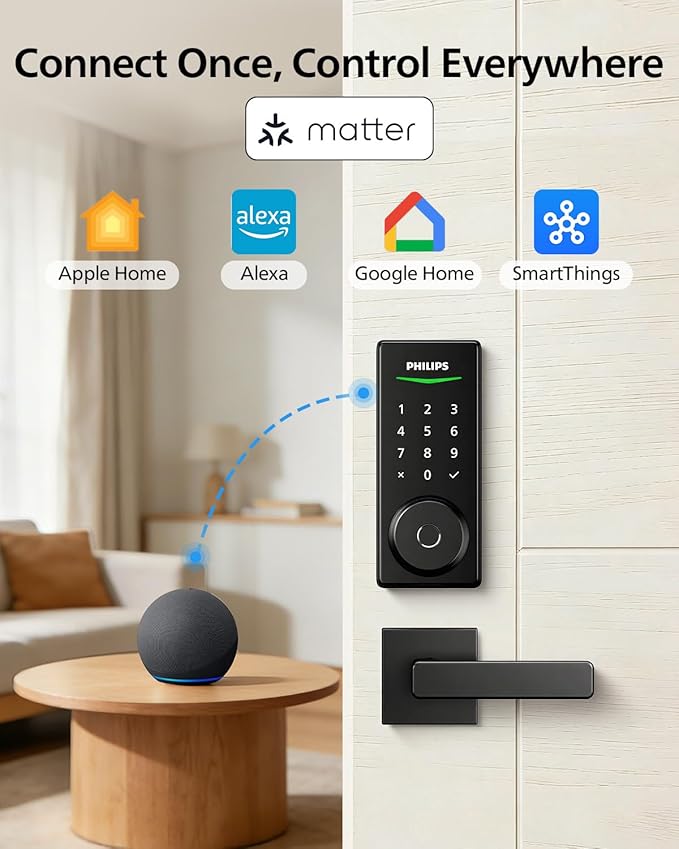 Philips Smart Door Lock with Apple Home, Matter Over Thread, Keyless Entry Door Lock with App Remote Control, Touchscreen Fingerprint Front Door Lock Set, Deadbolt Lock with Apple Home, Alexa, Google
