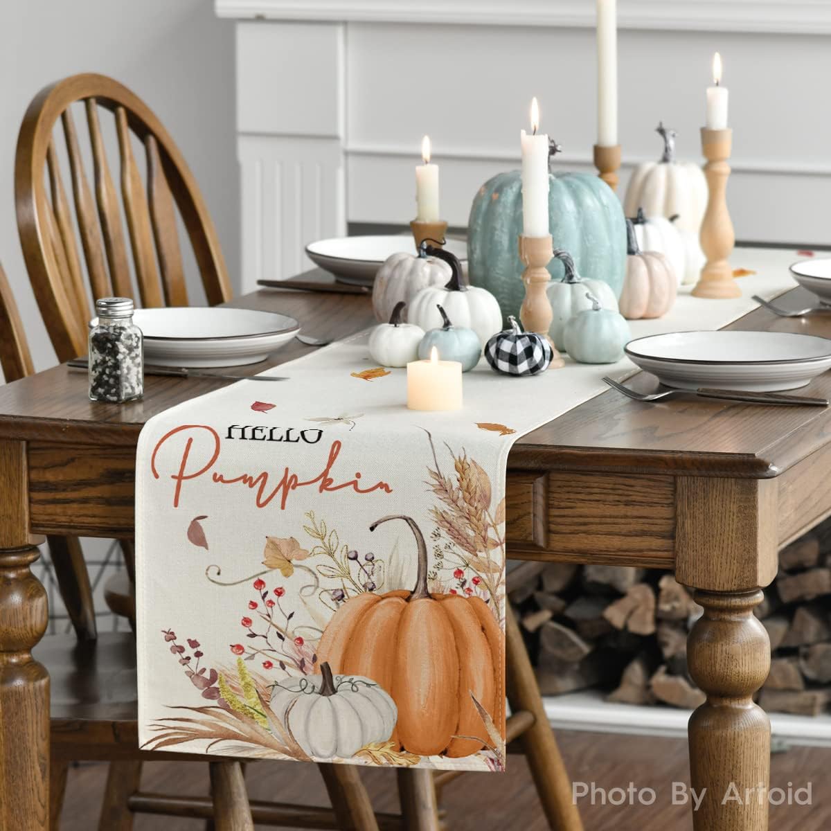 Artoid Mode Hello Pumpkin Leaves Fall Table Runner, Seasonal Autumn Kitchen Dining Table Decoration for Home Party Decor 13x60 Inch