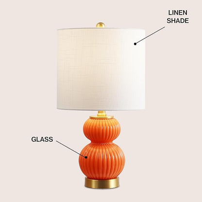 JONATHAN Y 20" Orange/Brass Gold Ribbed Gourd Glass Table Lamp, Modern Bedside Lamp for Bedroom Living Room, White Linen Drum Shade, LED Bulb Included (JYL1099E)