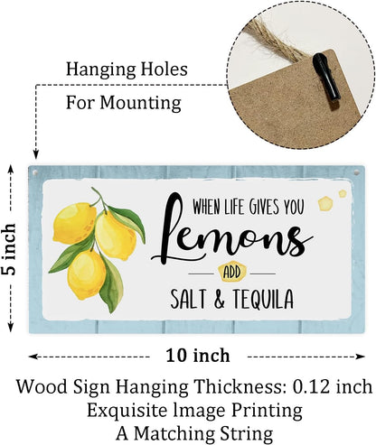 When Life Gives You Lemons Add Salt & Tequila Wooden Hanging Sign Plaque, Lemon Wall Decor Sign With Inspirational Quotes, Rustic Wood Sign Wall Art for Home Living Dining Room Farmhouse Kitchen - A26