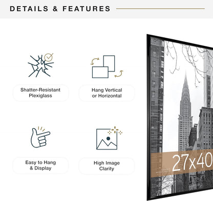 MCS Trendsetter Movie Poster Frame 27x40 Black High-Gloss, Vertical & Horizontal Wall Hanging Large Picture Frame for Photos, Artwork & Custom Posters (3-Pack)