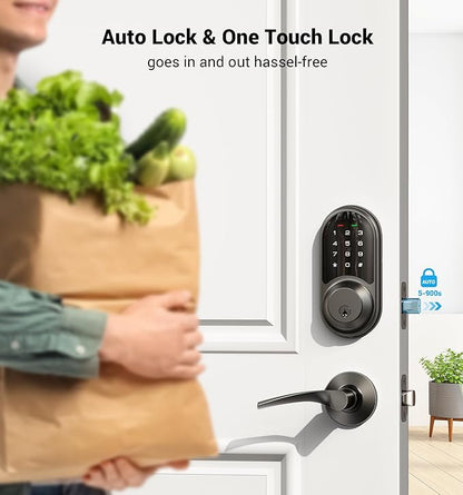 Veise RZ06B Smart Locks for Front Door, 2 Lever Handle Set, Keyless Entry Deadbolt, App Control, Electronic Digital Touchscreen Keypad, Auto Lock, IP54 Waterproof, Easy Installation, Matte Black