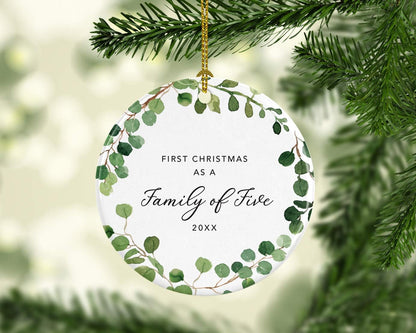 Andaz Press Custom Year Round Ceramic Porcelain Christmas Tree Ornament Keepsake Collectible Gift, First Christmas as a Family of Five 2025, Farmhouse Eucalyptus Wreath, 1-PackNew