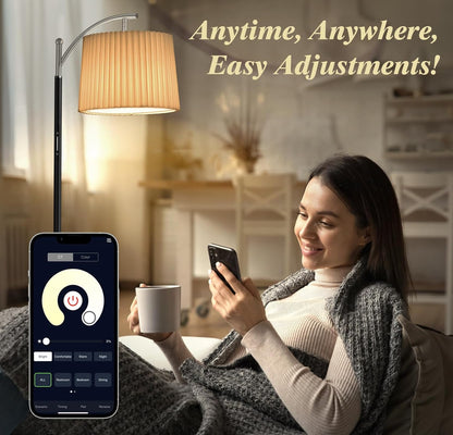 Floor Lamp, LED Floor Lamp with APP & Remote & Touch Control, Stepless Color Temperatures and Brightness, Tall Standing Lamp with Pleated Lampshade for Living Room, Bedroom, Office(Black Nickel)