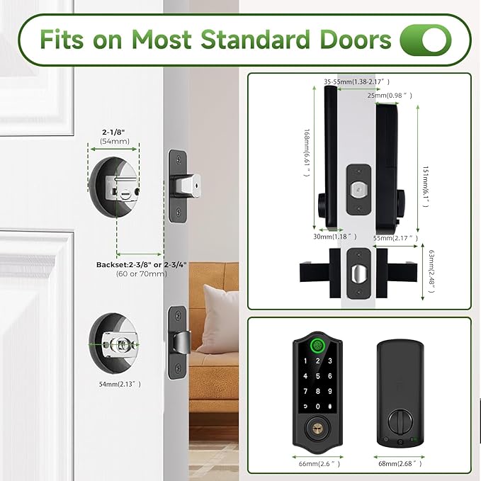 Harfo Fingerprint Smart Door Locks with Handles, App Control, Keyless Entry Front Door Lock Set, Bluetooth Digital Electronic Touchscreen Keypad Deadbolt, Easy Installation, Black