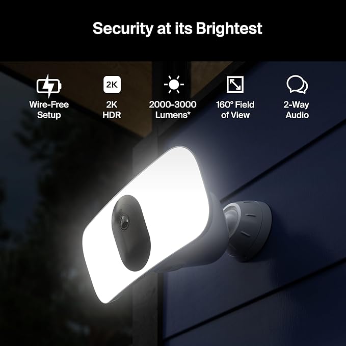 Arlo Pro 3 Wireless LED Floodlight Security Camera 2K HDR, 2000-3000 Lumens, Custom Detections, Emergency Response, Connects to Wi-Fi, Color Night Vision, 2-Way Audio, Rechargeable (White)