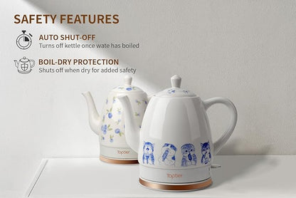 Toptier Electric Ceramic Tea Kettle, Boil Water Quickly and Easily, Detachable Swivel Base & Boil Dry Protection, Carefree Auto Shut Off, 1.5 L, Greedy Cat