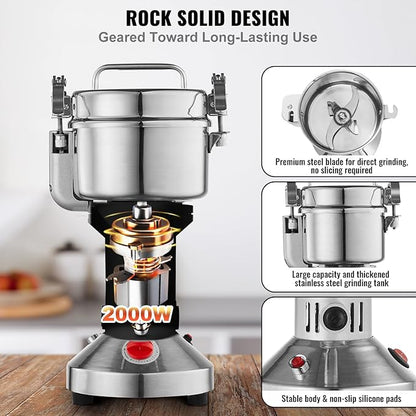 VEVOR 550g Electric Grain Mill Grinder, High Speed 2000W Commercial Spice Grinders, Stainless Steel Pulverizer Powder Machine, for Dry Grains Spices Cereals Coffee Corn Pepper, Straight Type