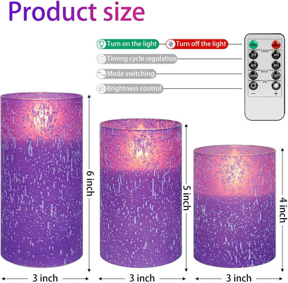 Purple Flameless Candles with Remote and Timer, Flickering Real Wax Battery Operated Candles, Set of 3 LED Pillar Candles for Halloween Christmas Wedding Home Decor