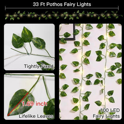 suddus Vine with Fairy Lights Battery Operated, 33ft100 LED Pothos String Lights with Remote, Leaf Lights for Bedroom, Room, Wall, Garden, Party, Wedding Decor(Warm White)
