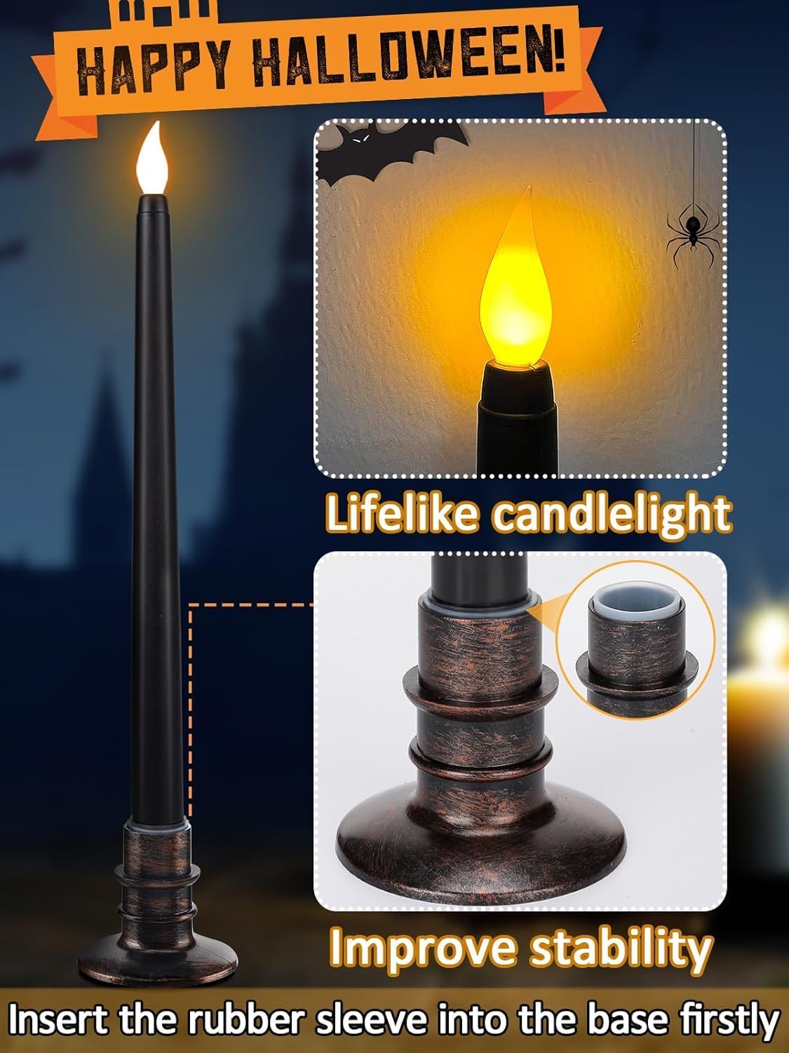 Alphatool 12 Pcs Halloween Black LED Flameless Candles with Bases - Flicker Flame, Tall Taper Smokeless Dripless Candles, Decor for Fireplace Diningtable Bar School