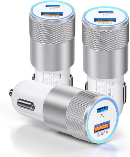 3-Pack Car Charger, Ancekoy 38W Dual Port Fast Charge PD & QC 3.0 Car Adapter Cigarette Lighter USB Plug for iPhone 16/15/14/13 Pro Max, iPad, Galaxy S25/S24/S23 and More (White)