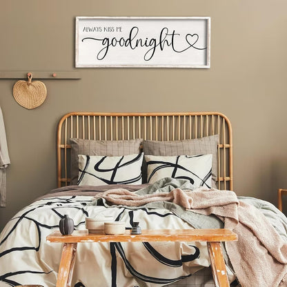 flowtorely Always Kiss Me Goodnight Wall Sign For Master Bedroom Above Bed Wall Decor 32''×12'' Large Rustic Solid Wood Frame For Farmhouse Couples Above bed Wall Art Decoration (White)