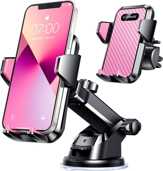 VANMASS 2025【Strongest Suction & Military-Grade】 Car Phone Mount 【Patent & Safety】Ultimate Cell Phone Holder Handsfree Stand for Dash Windshield Vent for iPhone 16 15 Pro Max 14 Android & Truck, Pink