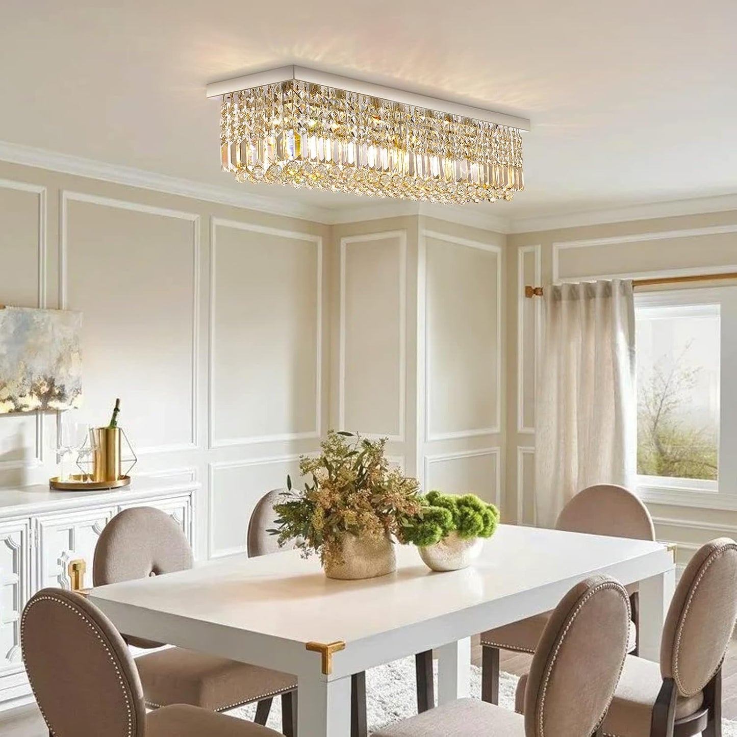 Siljoy Modern Crystal Chandelier 8-Lights Rectangular Flush Mount Pendant Ceiling Light Fixture Rectangle K9 Crystal Raindrop Chandelier for Dining Living Room Kitchen Island L40'' x W10'' x H10'