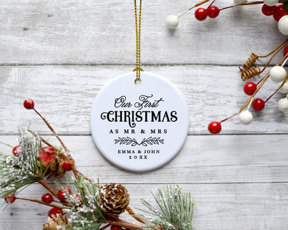 Andaz Press Personalized Our First Christmas As Mr. & Mrs. 2024 Christmas Ornaments Laurel Wreath Leaves 2.8" Round Porcelain Ceramic 1st Year Married Custom Ornament Keepsake for Newlyweds 1-Pack