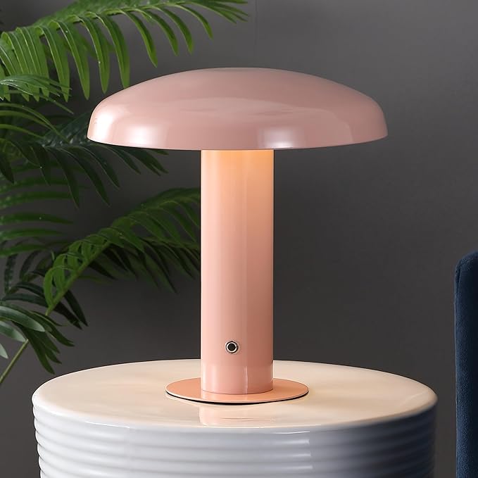 JONATHAN Y 11" Pink Rechargeable LED Mushroom Table Lamp, Cordless Portable Dimmable Mid-Century Modern Accent Lamp, with Metal Shade, Touch Sensor (JYL7114E)