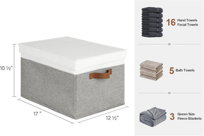 StorageWorks Storage Bins with Lids, Decorative Storage Boxes with Lid and PU Handles, Foldable Storage Baskets for Closet, Shelves, Stackable, Gray and White, Jumbo, 3-Pack