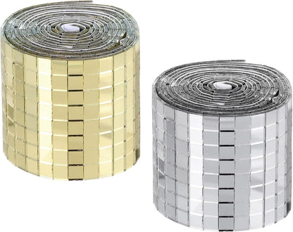 MECCANIXITY Self Adhesive Glass Mirror Mosaic Tiles 3200 Pcs 5 x 5 mm Disco Tiles for Craft Decoration Glass Mirror Disco Ball 2 Rolls (Gold/Silver)