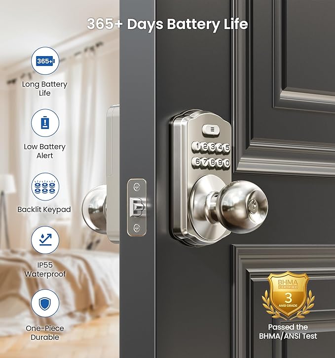Veise Keypad Door Knob Lock, Keyless Entry Digital Lock with Handle, Electronic Smart Knob for Front Door & Bedroom, Easy Install, Auto Lock, Passage Mode, Anti-Peeping Password, Satin Nickel
