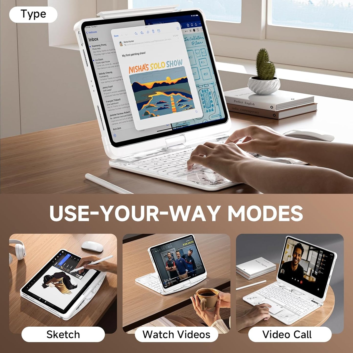 Transparent Case with Keyboard for 2024 iPad Pro 13 inch (M4), iPad Pro 13,7-Color Backlit,Magic Wireless Keyboard, 360°Rotating,Multi-Touch trackpad,Pencil Holder,with Shortcuts,White