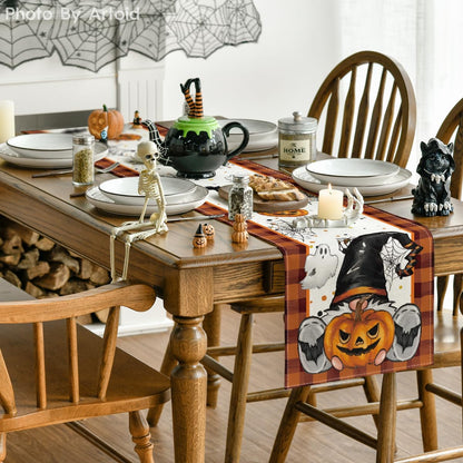 Artoid Mode Orange Black Buffalo Plaid Gnome Bat Pumpkin Ghost Halloween Table Runner, Sensonal Kitchen Dining Table Decor for Home Party 13 x 72 Inch