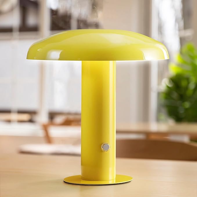 JONATHAN Y 11" Yellow Rechargeable LED Mushroom Table Lamp, Cordless Portable Dimmable Mid-Century Modern Accent Lamp, with Metal Shade, Touch Sensor (JYL7114C)