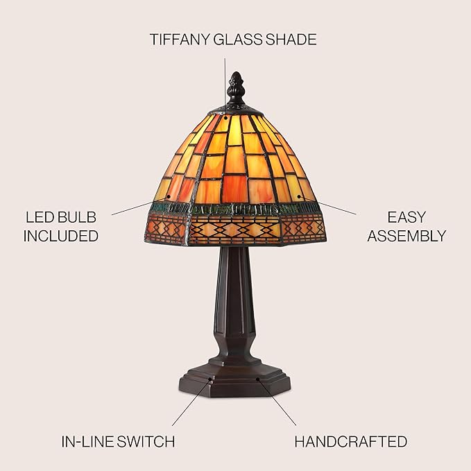 JONATHAN Y 12" Red/Yellow Tiffany-Style Table Lamp for Bedroom Nightstand Decor, Ivory Cream Stained Glass Shade, Small Vintage Handcrafted LED Traditional Bedside Lamp (JYL8016B)