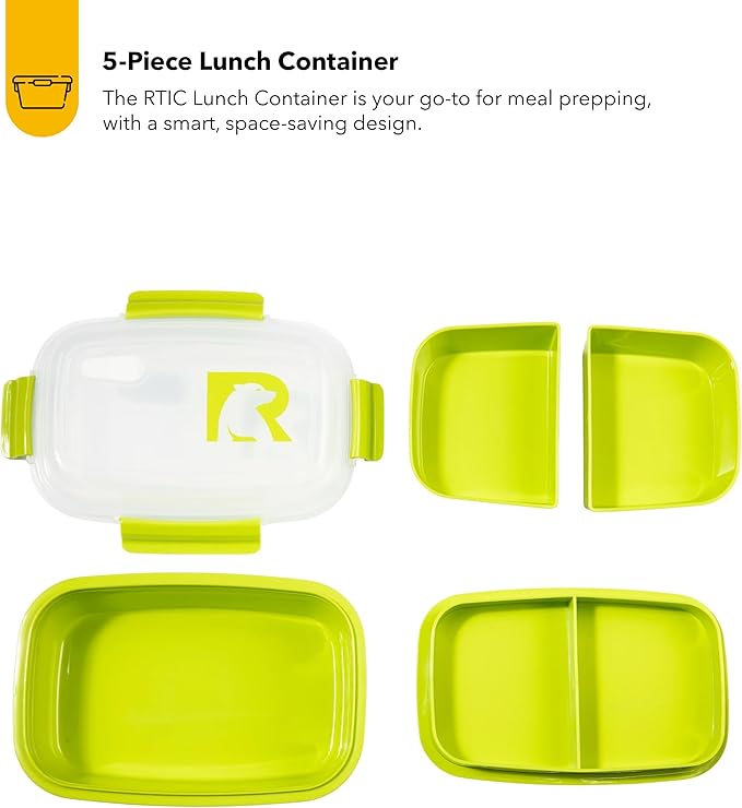 RTIC 5 Compartment Lunch Containers, Hot Food Container with Lid for Adults, Microwave Safe Divided Snack Lunch Box for Work or Travel, Reusable, BPA Free with Vent Space