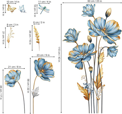 decalmile Large Blue Flower Wall Stickers Floral Butterfly Plants Gold Leaves Wall Decals Bedroom Living Room Sofa TV Background Wall Decor