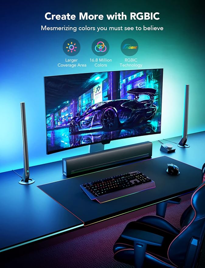 Govee RGBIC Gaming Light Bars H6047 with Smart Controller, Wi-Fi Smart LED Gaming Lights with Music Modes and 60+ Scene Modes Built, Works with Alexa & Google Assistant, Game Room Lights Decor