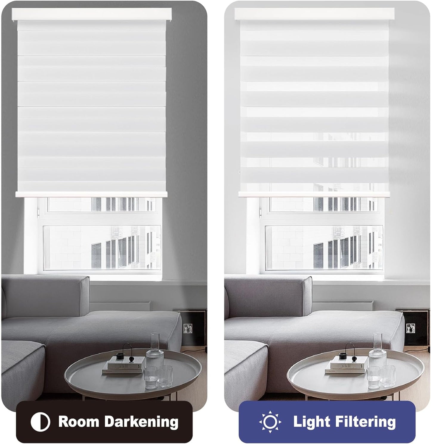 HESTIA Cordless Zebra Blinds Light Filtering Roller Shades Blackout Indoor Window Blind for Home Office,White,25" W x 54" H