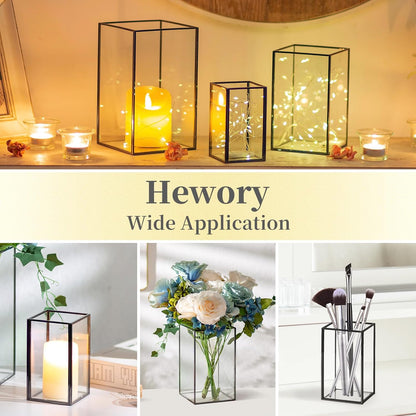 Glass Hurricane Candle Holder Large - Hewory 6pcs Black Rectangle Flower Holders Centerpiece for Table, Tall Floor Square Pillar Candle Lantern for Wedding, Anniversary, Party, Fireplace, Dining Room
