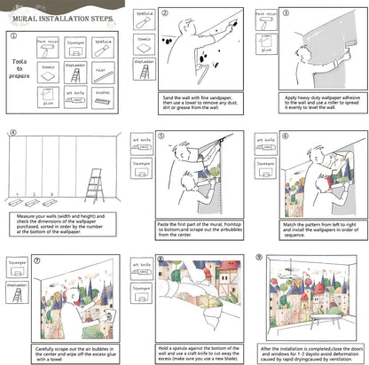 AFZEVEB-Cartoon Watercolor House Nursery Wallpaper Wall murals for Kids Room 114"x74" (Not Peel and Stick)