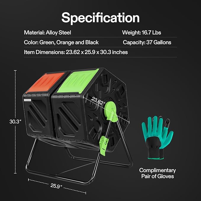 VIVOSUN Dual Chamber Tumbling Composter, 2X 18.5 Gallon Compost Bin, Heavy-Duty Compost Tumbler w/Sliding Door, Plastic, Black