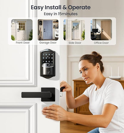 Veise VE027-L Built-in WiFi Smart Lock with Handles, Fingerprint keyless Entry Door Lock Set, App Remote & Voice Control, Electronic Deadbolt for Front Door, Touchscreen Keypad, Auto Lock, Matte Black